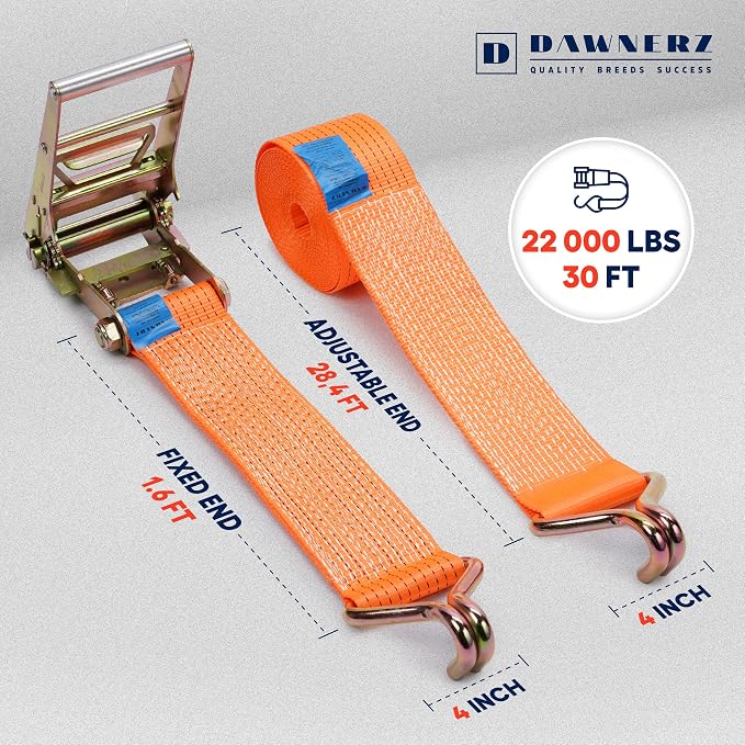 Heavy Duty 4 Inch x 30 Ft Ratchet Straps - 22,000 Lb Breaking Strength Tie Downs Ratchet Straps with Double J Hooks for Trucks & Trailers