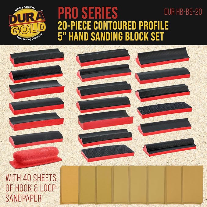 Dura-Gold 20-Piece Contoured Profile 5" Hand Sanding Block Set with 40 Sheet Hook & Loop Sandpaper Kit - Interchangeable Assorted Convex & Concave Shapes - Sand Wood Woodworking Furniture, Auto Paint