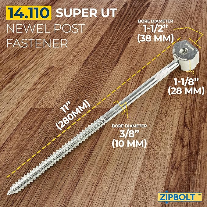 Zipbolt 14.110 Super UT Newel Post Fastener — Quick and Easy Wrench-Free Installation of Staircase Newel Posts, Anchors Post Directly to Wood or Concrete Floor