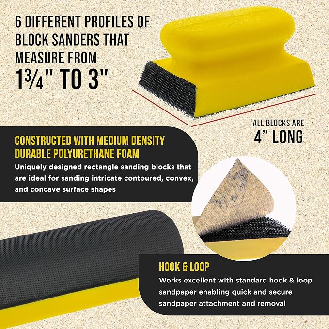 Dura-Gold Luthier Acoustic Guitar Master Woodworker Hand Sanding Block Set with 40 Sheet Hook & Loop Sandpaper Kit - Music Radius Repair Tools, Convex & Concave Profile Shapes, File Sticks - Sand Wood