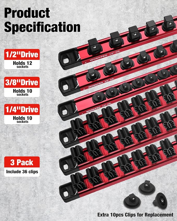 WORKPRO 6-Piece Magnetic Socket and Screwdriver Organizer Set | 3-Piece 1/4", 3/8" & 1/2" Drive Metric & SAE Socket Rails, 3-Piece Screwdriver and Wrench Holders
