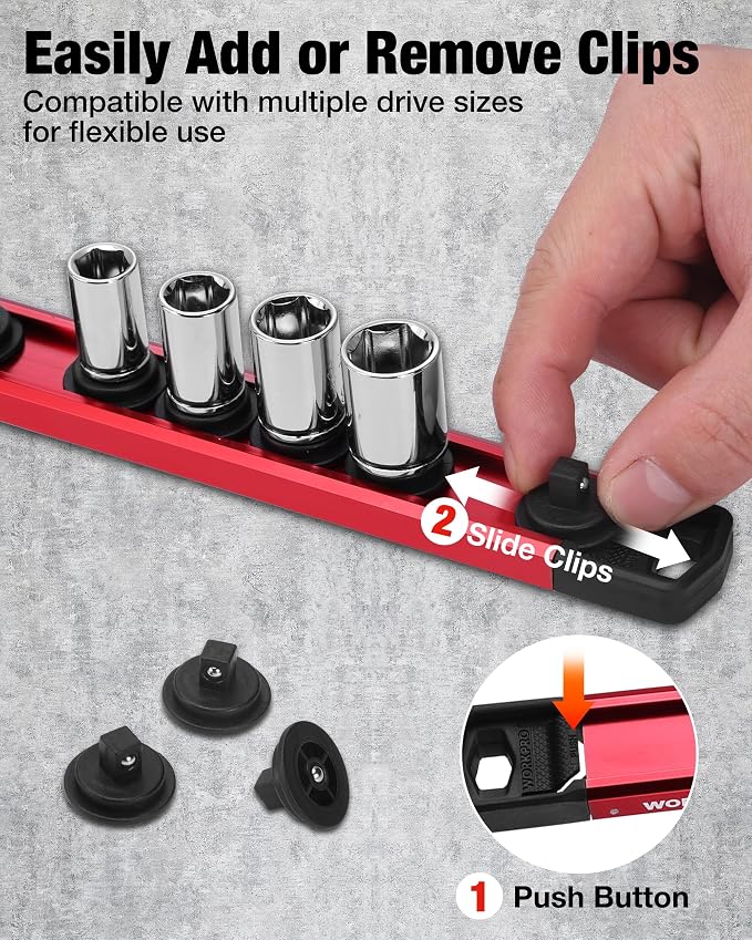 WORKPRO 6-Piece Magnetic Socket and Screwdriver Organizer Set | 3-Piece 1/4", 3/8" & 1/2" Drive Metric & SAE Socket Rails, 3-Piece Screwdriver and Wrench Holders